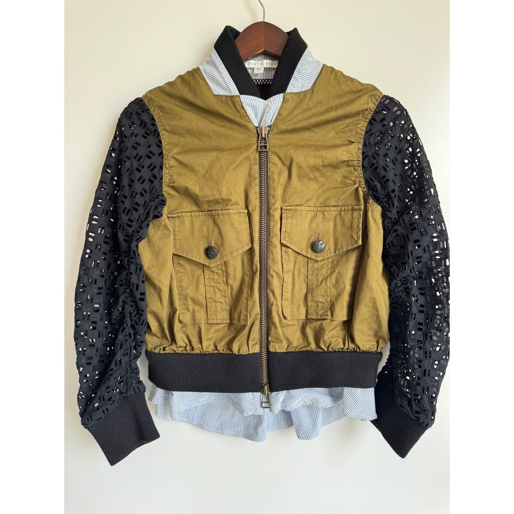Veronica Beard Mixed Media Eyelet Sleeve Bomber Jacket Olive Pinstripe Size 6